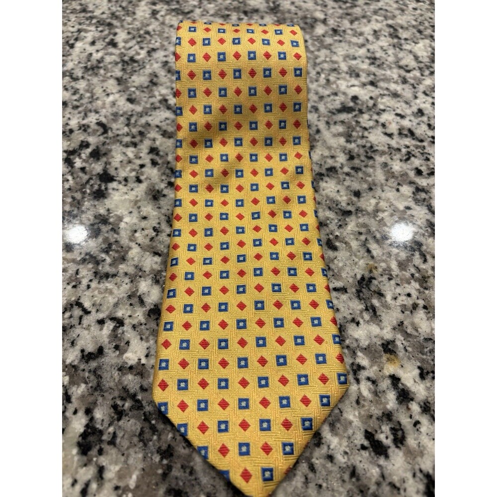 BEN SILVER CRAVATE Mens All Silk Necktie Handmade Gold Red Blue Geometric